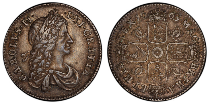 1086027 GREAT BRITAIN. England. Charles II. (King, 1660-1685). 1663 AR Shilling. PCGS AU53.  First bust variety of Charles II - one leaf at top of wreath, three curls behind head / Crowned cruciform arms with linked C's in angles, date divided at ...