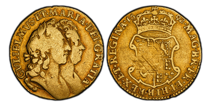 1084493 GREAT BRITAIN. England. William and Mary. (Monarchs, 1689-1694). 1692 AV Half-Guinea. PCGS VF20.  London mint. Conjoined heads of William and Mary right with hair falling on neck / Crowned shield of arms. KM 476.1; SCBC-3430; Fr.-306.

Ple...