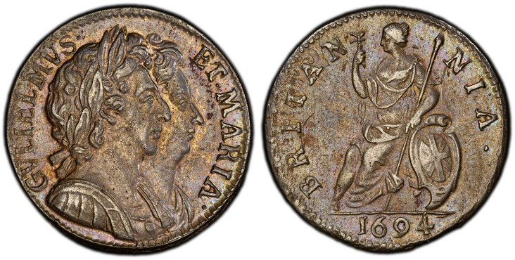 1084495 GREAT BRITAIN. England. William and Mary. (Monarchs, 1689-1694). 1694 AR Farthing. PCGS AU58.  London mint. Conjoined laureate busts, right / Britannia with shield and spear seated, left; holding branch in right hand and date in exergue. K...
