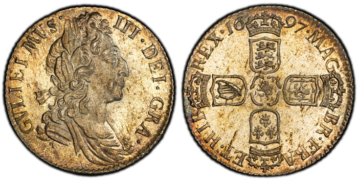 1084497 GREAT BRITAIN. England. William III. (King, 1694-1702). 1697 AR Sixpence. PCGS MS64.  Third bust right / Cruciform crowned arms, crown divides date, large crown. KM 496.1; SCBC-3538; ESC-1233.

Please use this link to verify the PCGS certi...