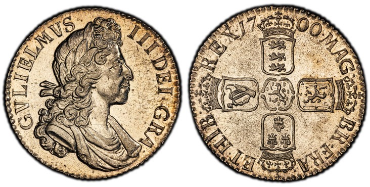 1084496 GREAT BRITAIN. England. William III. (King, 1694-1702). 1700 AR Shilling. PCGS MS62.  Fifth laureate bust, right (hair high) / Crowned cruciform shield of arms; date divided in legend above. KM 504.1. Oval Os; SCBC-3516; ESC 1121 (Circular...
