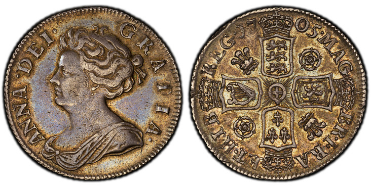 1084499 GREAT BRITAIN. England. Anne. (Queen, 1702-1714). 1705 AR Shilling. PCGS AU55.  Without VIGO below / Crowned shields in cruciform. KM 517.2; SCBC-3859; ESC-1136.

Please use this link to verify the PCGS certification number <a href="http:/...