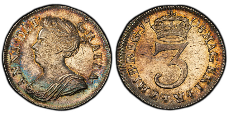 1084500 GREAT BRITAIN. Anne. (Queen, 1702-1714). 1708/7 AR Threepence. PCGS AU58.  ANNA · DEI · - GRATIA ·. Bust left / Crown above value divides date. KM 514; SCBC-3596B.

Please use this link to verify the PCGS certification number <a href="http...