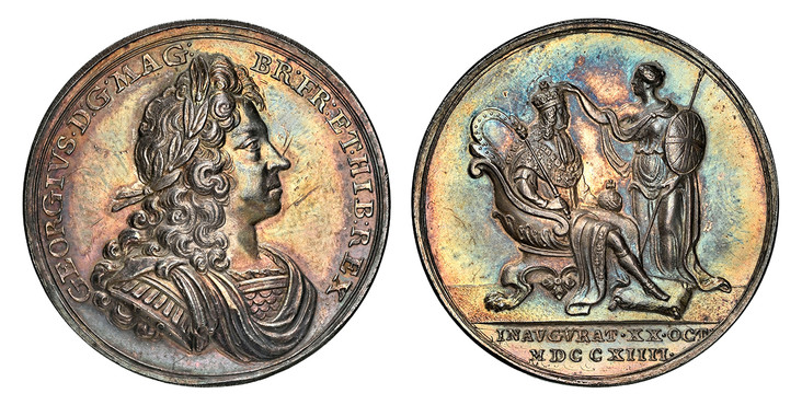 1084504 GREAT BRITAIN. George I. (King, 1714-1727). 1714 AR Coronation Medal. NGC MS63.  By J. Croker. GEORGIVS D:G MAG BR FR ET HIB REX. Laureate, draped, and cuirassed bust right; J. C. on truncation of arm / INAVGVRAT XX OCT MDCCXIIII. George e...