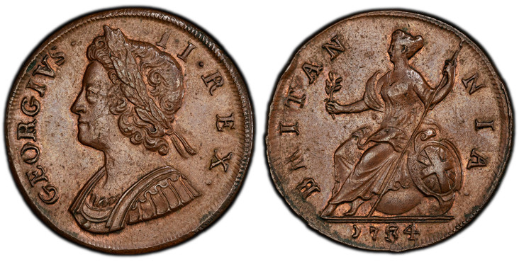 1084514 GREAT BRITAIN. George II. (King, 1727-1760). 1734 CU Halfpenny. PCGS MS63BN (Brown).  GEORGIVS · - II · REX ·. Laureate bust left / BRITAN - NIA ·. Brittania seated left. KM 566; SCBC-3717.

Struck on a slightly irregular flan (as made).

...