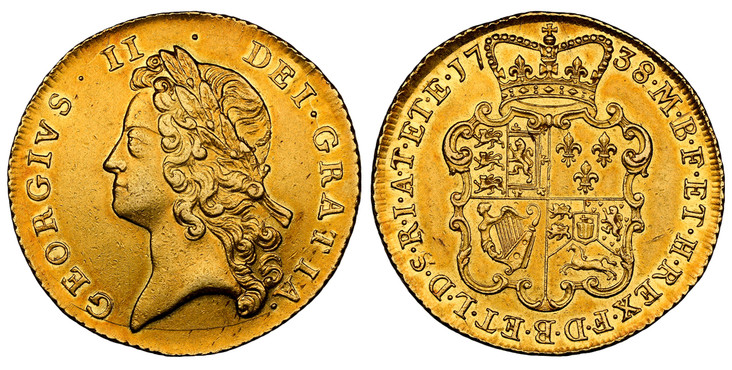 1086033 GREAT BRITAIN. George II. (King, 1727-1760). 1738 AV Two Guineas. NGC AU55.  GEORGIVS · II · - DEI · GRATIA ·. Young laureate head left / F · D · B · ET · L · D · S · R · I · A · T · ET · E · - M · B · F · ET · H · REX ·. Crowned 4-fold ar...