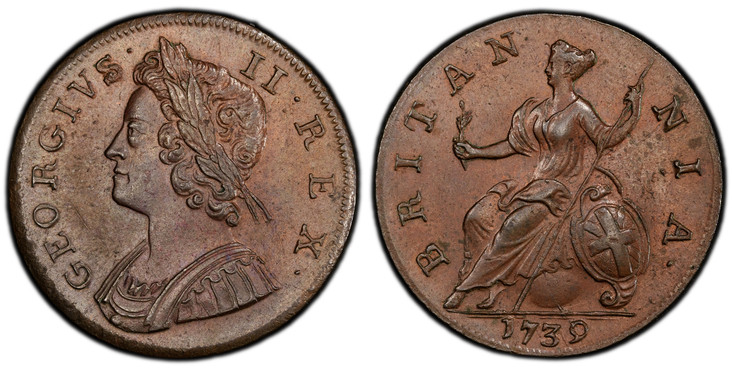 1084515 GREAT BRITAIN. George II. (King, 1727-1760). 1739 CU Halfpenny. PCGS MS64BN (Brown).  GEORGIVS · - II · REX ·. Laureate bust left / BRITAN - NIA ·. Brittania seated left. KM 566; SCBC-3717.

Please use this link to verify the PCGS certific...