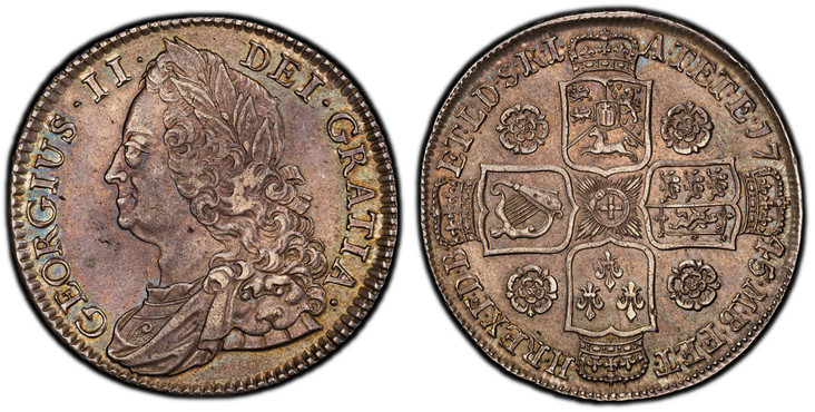 1084508 GREAT BRITAIN. George II. (King, 1727-1760). 1745 AR Halfcrown. PCGS AU58.  GEORGIUS · II · - DEI · GRATIA ·. Older laureate head left / F · D · B · - ET · L · D · S · R · I · - A · T · ET · E · - M · B · F · ET · - H · REX ·. Roses in ang...