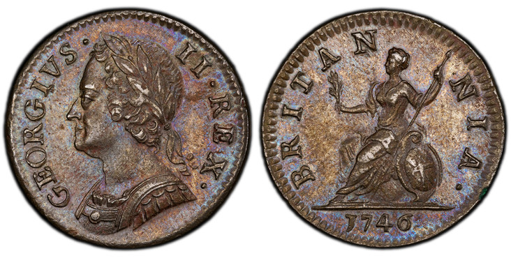 1084525 GREAT BRITAIN. George II. (King, 1727-1760). 1746 CU Farthing. PCGS MS63BN (Brown).  GEORGIVS · - II · REX ·. Laureate head left / BRITAN - NIA ·. Brittania seated left. KM 581; SCBC-3722 (GEORGIVS).

Please use this link to verify the PCG...