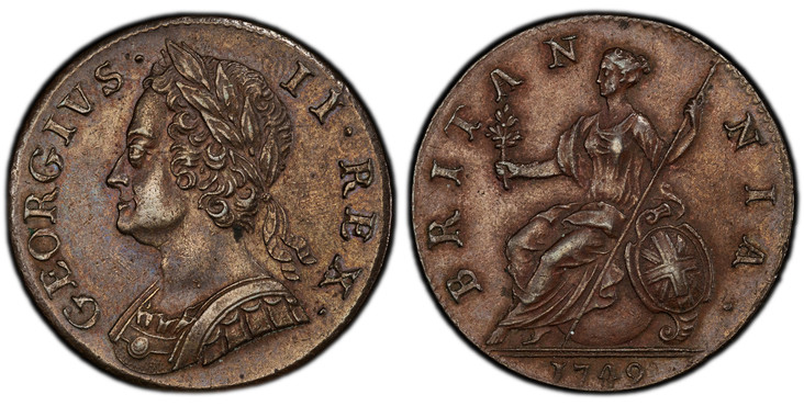 1084520 GREAT BRITAIN. George II. (King, 1727-1760). 1749 CU Halfpenny. PCGS AU58.  GEORGIVS · - II · REX ·. Laureate bust left / BRITAN - NIA ·. Brittania seated left. KM 579.2; SCBC-3719 (GEORGIVS).

Some 800,000 halfpennies dated 1749 were ship...