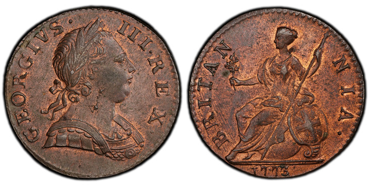 1084530 GREAT BRITAIN. George III. (King, 1760-1820). 1773 CU Halfpenny. PCGS MS63RB (Red Brown).  GEORGIVS · - III · REX ·. Laureate bust right / BRITAN - NIA ·. Brittania seated left. KM 601; SCBC-3774.

Please use this link to verify the PCGS c...