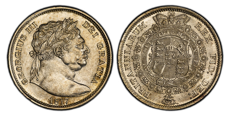 1084704 GREAT BRITAIN. George III. (King, 1760-1820). 1817 AR Halfcrown. PCGS MS63.  Edge: Reeded. GEORGIUS III DEI GRATIA. Large laureate head right / BRITANNIARUM REX FID: DEF:. Crowned arms within order chain. KM 667; SCBC-3788.

Bull head type...