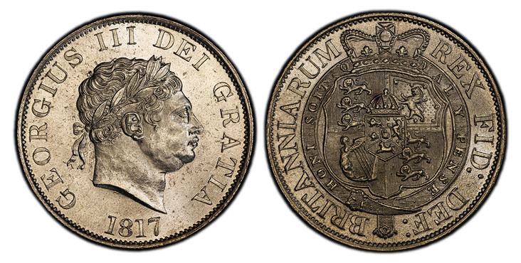 1084705 GREAT BRITAIN. George III. (King, 1760-1820). 1817 AR Halfcrown. PCGS MS63.  Edge: Reeded. GEORGIUS III DEI GRATIA. Small laureate head right / BRITANNIARUM REX FID: DEF:. Crowned arms within order chain. KM 672; SCBC-3789 (Small head).

P...