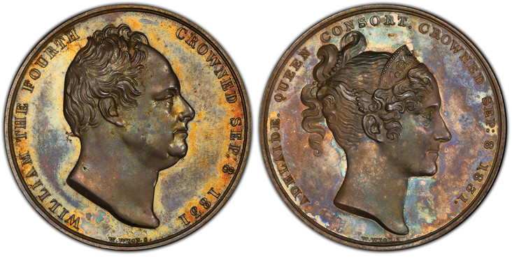 1086038 GREAT BRITAIN. William IV and Queen Adelaide. (King, 1830-1837). 1831 AR Medal. PCGS SP63.  By W. Wyon. Edge: Plain. WILLIAM THE FOURTH CROWNED SEP 8 1831. Bust of William IV right / ADELAIDE. QUEEN CONSORT CROWNED SEP 8 1831. Diademed bus...