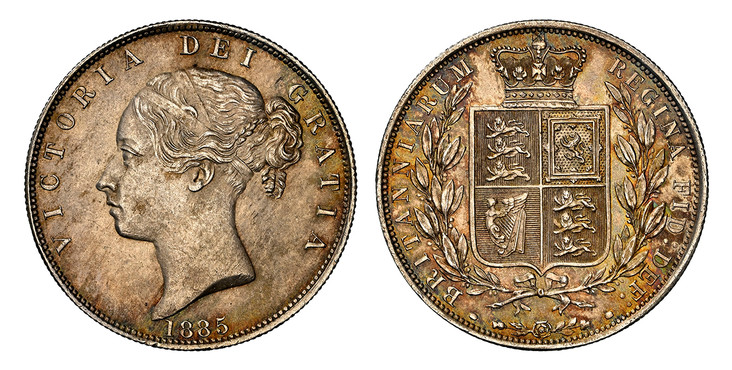1084347 GREAT BRITAIN. Victoria. (Queen, 1837-1901). 1885 AR Halfcrown. NGC MS64.  Edge: Reeded. VICTORIA DEI GRATIA. Second young head left / BRITANNIARUM REGINA FIE: DEF:. Crowned arms within branches. KM 756; SCBC-3889; ESC-2765 (Prev. ESC-713)...