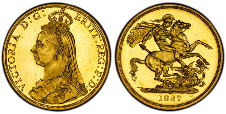 1084641 GREAT BRITAIN. Victoria. (Queen, 1837-1901). 1887 AV Two Pounds. PCGS PR61Cameo.  VICTORIA D:G: BRITT: REG: F:D:. Bust left wearing small crown and veil / St. George slaying the dragon. KM 768; SCBC-3865, Friedberg 391.

From a reported mi...
