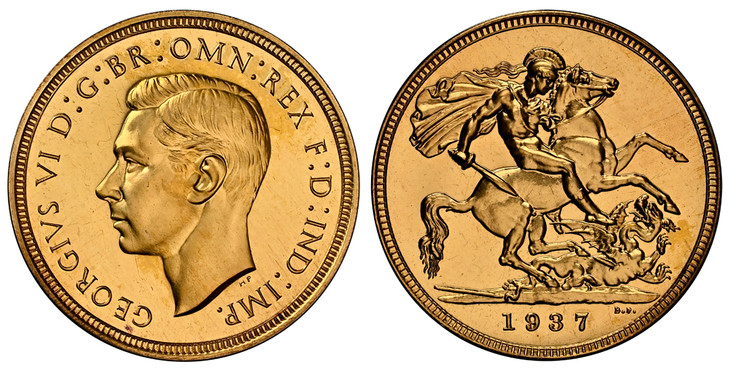 1084642 GREAT BRITAIN. George VI. (King, 1936-1952). 1937 AV Sovereign. NGC PR65.  Head left / St. George slaying the dragon. KM 859. Proof; SCBC-4076; Fr.-411.

Please use this link to verify the NGC certification number <a href="https://www.ngcc...