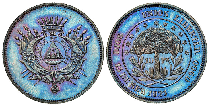 1085472 HONDURAS. 1871 CU 10 Pesos. NGC PR65BN (Brown).  Philadelphia. Edge: Reeded. Ornate crowned arms flanked by cornucopia to either side over crossed flags / Eleven stars arc above blossoming tree; trunk divides denomination and all within la...