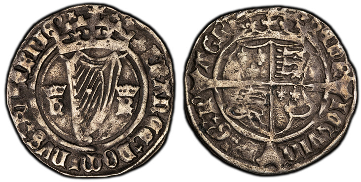1084539 IRELAND. Henry VIII. (King, 1509-1547). (1540-42) ND-(Trefoil) AR Groat (Sixpence). PCGS VF35.  Dublin. HENRIC VIII D G R AGI(LE Z). Crowned quartered shield of arms over floriate cross / FRANCIE DOMINUS HIBERNIE. Crowned Irish had divides...