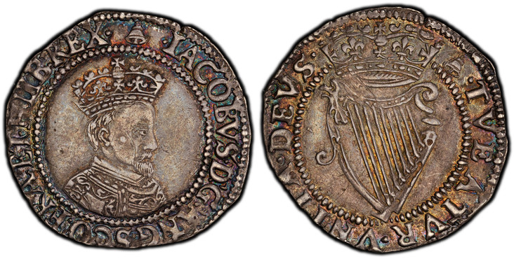 1084550 IRELAND. James I. (King, 1603-1625). (1603-04)-(bell) AR Sixpence. PCGS AU55.  London. Crowned second bust with pointed beard, right / Crowned Irish harp. KM 10.1; S-6514; Dowle & Finn 260.

Please use this link to verify the PCGS certific...