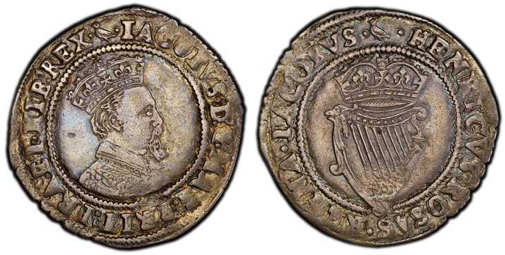 1084551 IRELAND. James I. (King, 1603-1625). (1604-05)-(martlet) AR Shilling. PCGS AU50.  London. Crowned third bust with longer square-cut beard, right / Crowned Irish harp. KM 14.1; S-6515; Dowle & Finn 261.
Ex Superior Galleries (January, 1992)...
