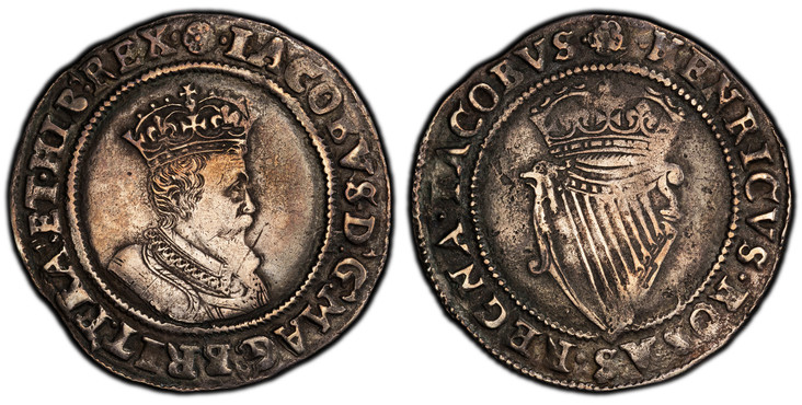 1084555 IRELAND. James I. (King, 1603-1625). (1604-05)-(martlet) AR Sixpence. PCGS XF40.  London. Crowned bust, right / Crowned Irish harp. KM 11.2; S-6517; Dowle & Finn 262.

Please use this link to verify the PCGS certification number <a href="h...