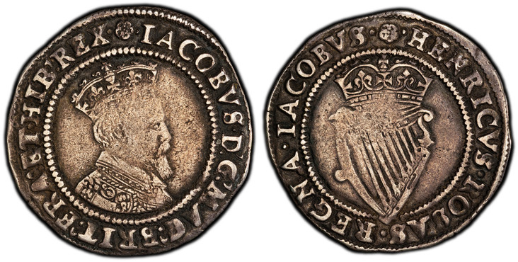 1084553 IRELAND. James I. (King, 1603-1625). (1605-06)-(rose) AR Shilling. PCGS VF30.  London. Crowned third bust with longer square-cut beard, right / Crowned Irish harp. KM 14.1; S-6515; Dowle & Finn 261.

Please use this link to verify the PCGS...