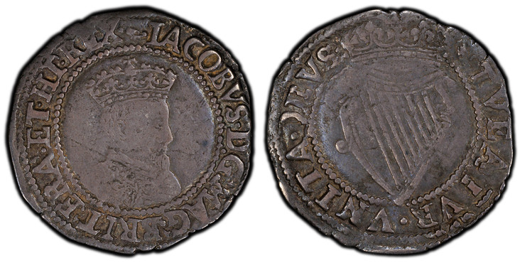 1084556 IRELAND. James I. (King, 1603-1625). (1605-06)-(martlet) AR Sixpence. PCGS VF35.  London. Crowned fourth bust with long beard, right; less ornate cuirass / Crowned Irish harp. KM 11.2; S-6517.

Please use this link to verify the PCGS certi...