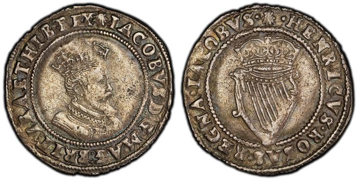 1084554 IRELAND. James I. (King, 1603-1625). (1606-07)-(escallop) AR Shilling. PCGS AU53.  London. Crowned fourth bust with long beard, right; less ornate cuirass / Crowned Irish harp. KM 14.1; S-6516; Dowle & Finn 261.
Ex Superior Galleries (Janu...