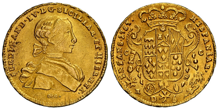 1082980 ITALIAN STATES. Naples. Ferdinando IV. 1767 DeG//CC-R AV 6 Ducati. NGC MS64.  FERDINAN(D) · IV · D · G · SICILIAR · ET HIER · REX ·. Youthful bust to right / HISPANIAR · - INFANS ·. Crowned ornate shield of 6-fold arms, with central shield...