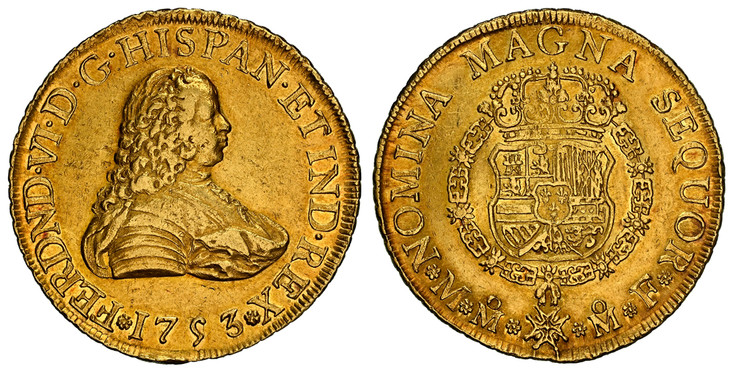 1084648 MEXICO. Ferdinand VI. 1753-Mo MF AV 8 Escudos. NGC AU55.  Mexico City. FERDND · VI · D · G · ... Armored bust right / NOMINA MAGNA SEQUOR. Crowned shield in order chain. KM 151; Calico 788.

Please use this link to verify the NGC certifica...