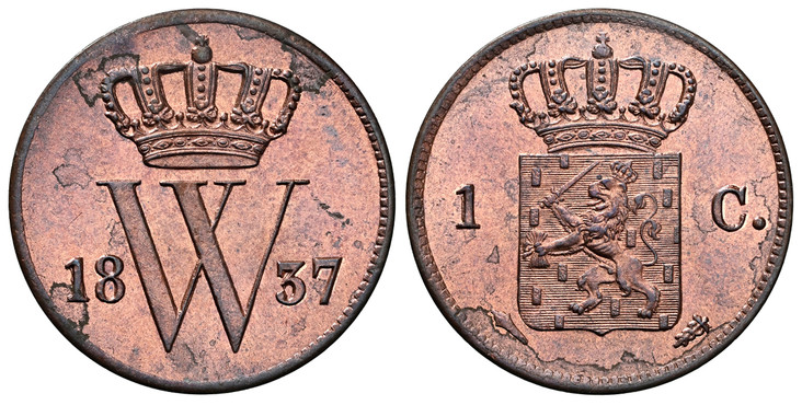 1083677 NETHERLANDS. William I. 1837-(Torch) CU Cent. NGC MS63RB (Red-Brown).  Utrecht. Crowned W divides date / Crowned arms divides value. KM 47.

Please use this link to verify the NGC certification number <a href="https://www.ngccoin.com/certl...