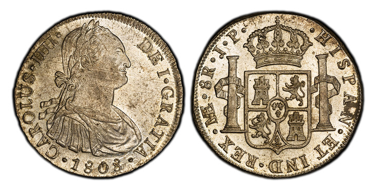 1084715 PERU. 1808-LIMAE JP AR 8 Reales. PCGS MS63.  Lima. CAROLUS · IIII · DEI · GRATIA ·. Bust of Charles IIII, right / ...HISPAN · ET IND · REX. Crowned arms, pillars. KM 97; AC 928.

Please use this link to verify the PCGS certification number...