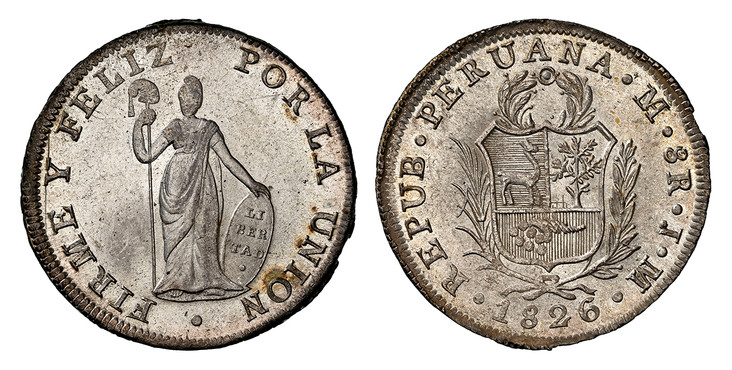 1084016 PERU. 1826- LIMA JM AR 8 Reales. NGC MS64+.  Lima. Edge: Plain. REPUB. PERUANA... Medium wreath above arms within sprigs, date below / FIRME Y FELIZ... Small figure of Liberty. KM 142.1.

Currently the finest known at NGC as of September 2...
