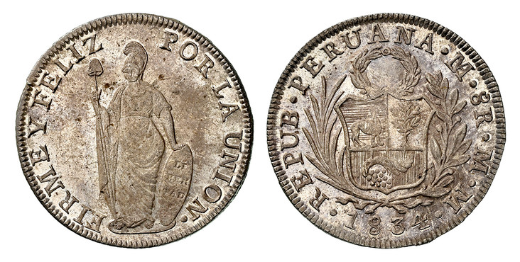 1085720 PERU. 1834-LIMAE MM AR 8 Reales. NGC MS64.  Lima. REPUB. PERUANA... Medium wreath above arms within sprigs, date below / FIRME Y FELIZ... Standing Liberty. KM 142.3.

Please use this link to verify the NGC certification number <a href="htt...