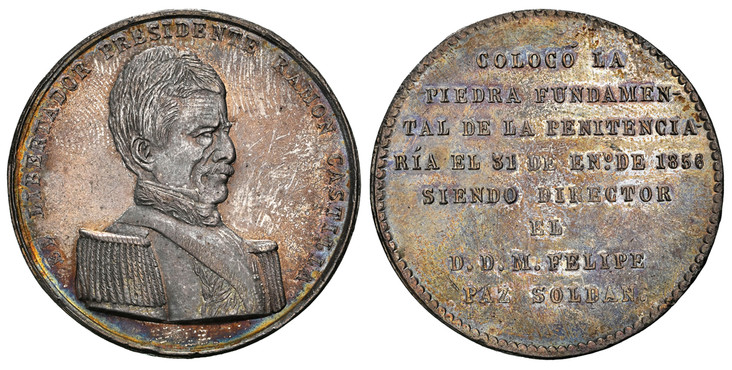 1085479 PERU. Republic. 1856 AR Medal. NGC MS62.  36mm. EL LIBERTADOR PRESIDENTE RAMON CASTILLA. Uniformed bust, right / COLOCO LA/ PIEDRA FUNDAMEN-/ TAL DE LA PENITENCIA-/ RIA EL 31 DE ENO. DE 1856/ SIENDO DIRECTOR/ EL/ D.D.M. FELIPE/ PAZ SOLDAN....