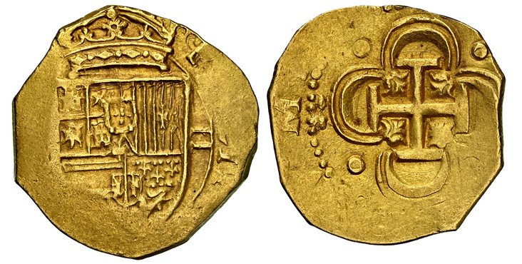 1084036 SPAIN. Philip III. (King, 1598-1621). (1598-1621) ND-(S) (B) AV 2 Escudos. NGC MS61.  Seville. 6.76gm. Crowned shield of arms / Cross within quatrelobe; pellets in each angle. KM 7; Calico Type 197.

Date, mintmark, moneyer marks not visib...