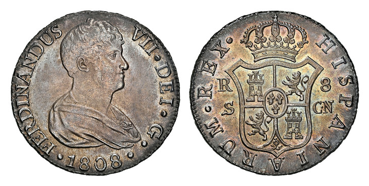 1084040 SPAIN. Ferdinand VII. 1808-S CN AR 8 Reales. NGC MS64.  Seville. FERDINANDUS VII · DEI · G ·. Draped bust right / HISPANIARUM · REX ·. Crowned arms of Castile and Leon. KM 451; Calico 1411.

Currently the finest known at NGC as of October ...