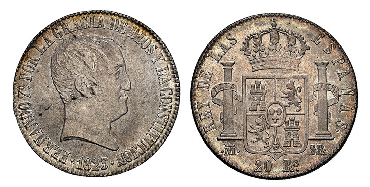 1083632 SPAIN. Ferdinand VII. 1823-(Crowned M) SR AR 20 Reales. NGC MS63.  FERNANDO ... Head right / REY DE LAS... Crowned arms, pillars, value below. KM 561.

De Vellon Coinage. "Cabezon" type.

Please use this link to verify the NGC certificatio...