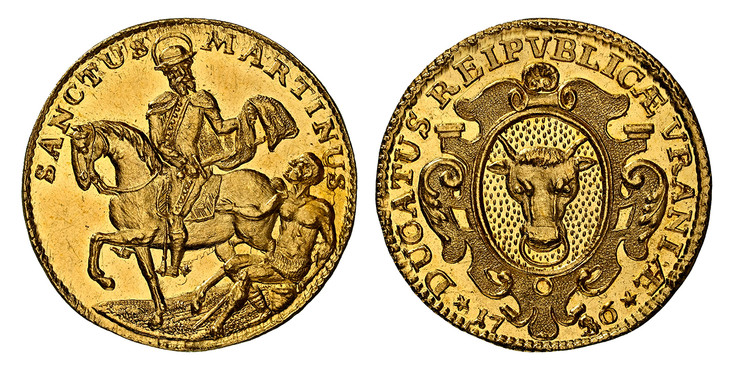 1085562 SWISS CANTONS. Uri. 1736/20 AV Ducat. NGC MS63.  Ornate oval arms with the bull of Uri / SANCTUS MARTINUS. St. Martin on horse, left. KM 38; Fr.-407; HMZ 2-991d; D.T.-575b.

Please use this link to verify the NGC certification number <a hr...