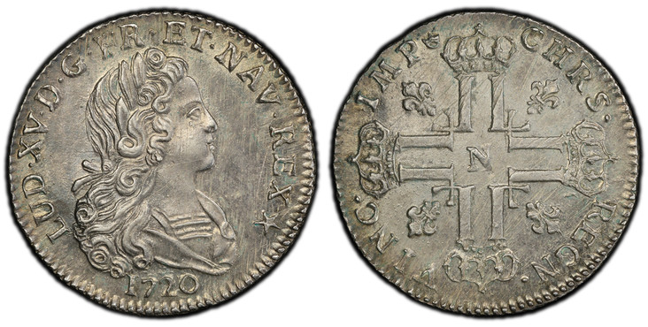 1084442 FRANCE. Louis XV. 1720-N AR 1/3 Ecu. PCGS MS62.  Montpellier. LUD · XV · D · G · FR · ET · NAV · REX ·. Young laureate bust right / CHRS · REGN · VINC · IMP *. Crowned back to back L's in cruciform, fleur-de-lis at angles. KM 455.12; Gad.-...
