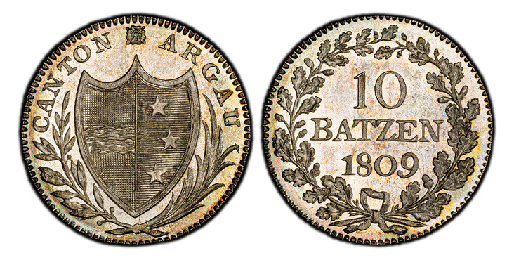 1083421 SWISS CANTONS. Aargau. 1809 AR 10 Batzen. PCGS MS67.  Bern. 7.23gm. CANTON ARGAU. Pointed shield within sprigs / Value, date within wreath. KM 14; D.T. 192b; HMZ 2-21b.

Please use this link to verify the PCGS certification number <a href=...
