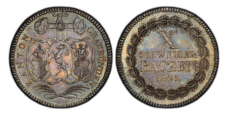 1083451 SWISS CANTONS. Graubunden. 1825 N AR 10 Batzen. PCGS MS64.  7.39gm. KANTON GRAUBUNDEN. Three oval shields, palm branches below / Value and date within circular wreath. KM 12; HMZ 2-603a; D.T. 178.

Please use this link to verify the PCGS c...