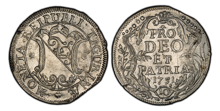 1083455 SWISS CANTONS. Zurich. 1751 AR 10 Schillings, 1/4 Gulden - Oertli. PCGS MS63.  5.02gm. MONETA REIPUBLI : TIGURINÆ. Ornate, arms of Zurich, flanked by stars within circle / PRO/DEO/ET/PATRIA, date within cartouche and sprigs. KM 136; HMZ 2-...