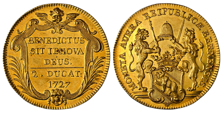 1083424 SWITZERLAND. Bern Canton. 1727 AV 2 Ducats. NGC MS63.  6.90gm. MONETA AVREA REIPVBLICAE BERNENSIS. Two lions with a scepter and a sword holding a hat above crowned coat of arms / BENEDICTUS SIT IEHOVA DEUS. 2 DUCAT. Inscription and date be...