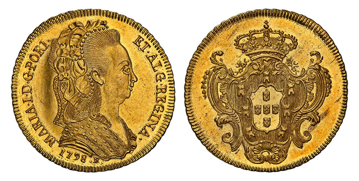 1084396 BRAZIL. Maria I. 1798-R AV 6400 Reis. NGC MS63.  Rio de Janeiro. MARIA · I · D · G · PORT · ET · ALG · REGINA ·. Bust right with jeweled headdress / Crowned ornate arms. KM 226.2; Gomez M133.16.

Please use this link to verify the NGC cert...