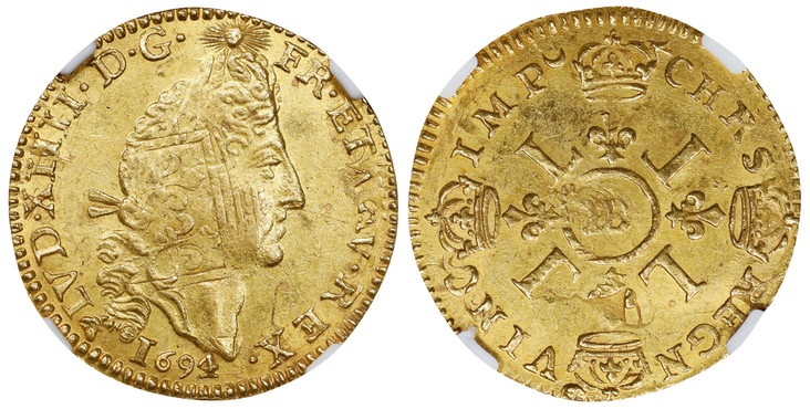 1082933 FRANCE. Louis XIV. 1694-BB AV Louis d'Or. NGC AU58.  Strasbourg. Older laureate head of Lois XIV / 4 L's around mint mark. KM 302.4; Friedberg 433; Gadoury 252.

Please use this link to verify the NGC certification number <a href="https://...