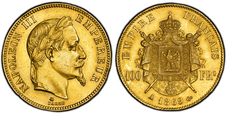 1083552 FRANCE. Napoleon III. (Emperor, 1842-1870). 1869-A AV 100 Francs. PCGS MS62.  Paris. Edge: DIEU PROTEGE LA FRANCE. NAPOLEON III EMPEREUR. Laureate head right / EMPIRE FRANCAIS. Crowned and mantled arms divide denomination. KM 802.1; Gadour...