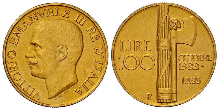 1083544 ITALY. Vittorio Emanuele III. (Emperor, 1900-1946). 1923-R AV 100 Lire. NGC MS62 Matte.  Rome. 35mm. 32.25gm. Head left / Axe within fasces with value at left. KM 65. Matte finish; Bolzano R64; Gigante 7; Montenegro 12; Pagani 644.

1st An...