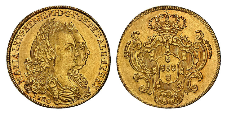 1084394 PORTUGAL. Maria I and Pedro III. 1780 AV 4 Escudos, Peca. NGC MS63.  Lisbon. MARIA I ET PETRUS III... Conjoinded laureate bust right / Crowned arms in cartouche. KM 271; Gomez MP27.06.

Currently one of just two of the finest known at NGC ...